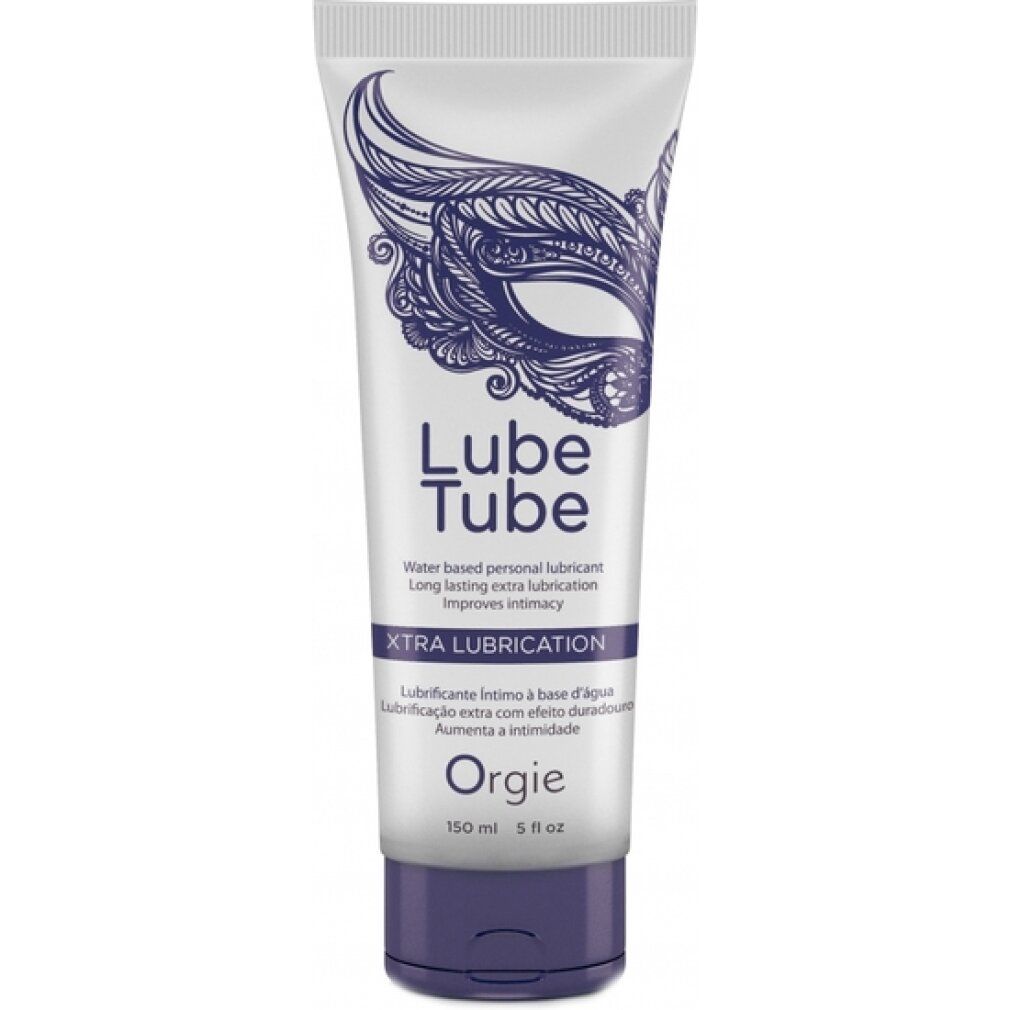 Tube "Lube Tube". Texte : "XTRA LUBRICATION". Marque "Orgie". Bouchon violet. Design de masque.
