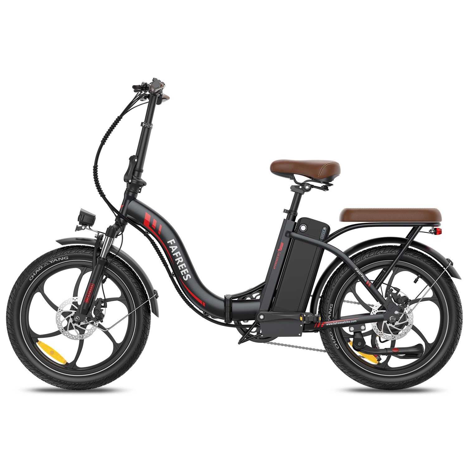 Opvouwbare e-bike, zwart met bruin zadel. Merk Fafrees. Zichtbare details: wielen, batterij, spatborden.