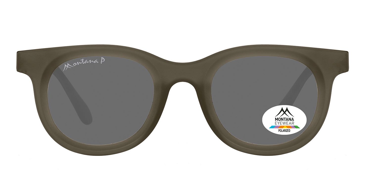 Lunettes de soleil rondes Montana Eyewear Bayport, grises. Logo et autocollant de polarisation sur le verre. Branches avec logo.