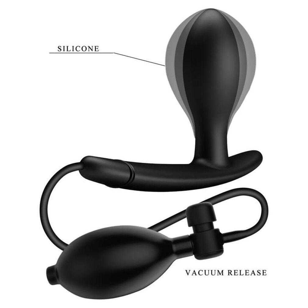 Zwarte, opblaasbare anale plug van siliconen met pomp. De plug heeft een vacuümontgrendeling.