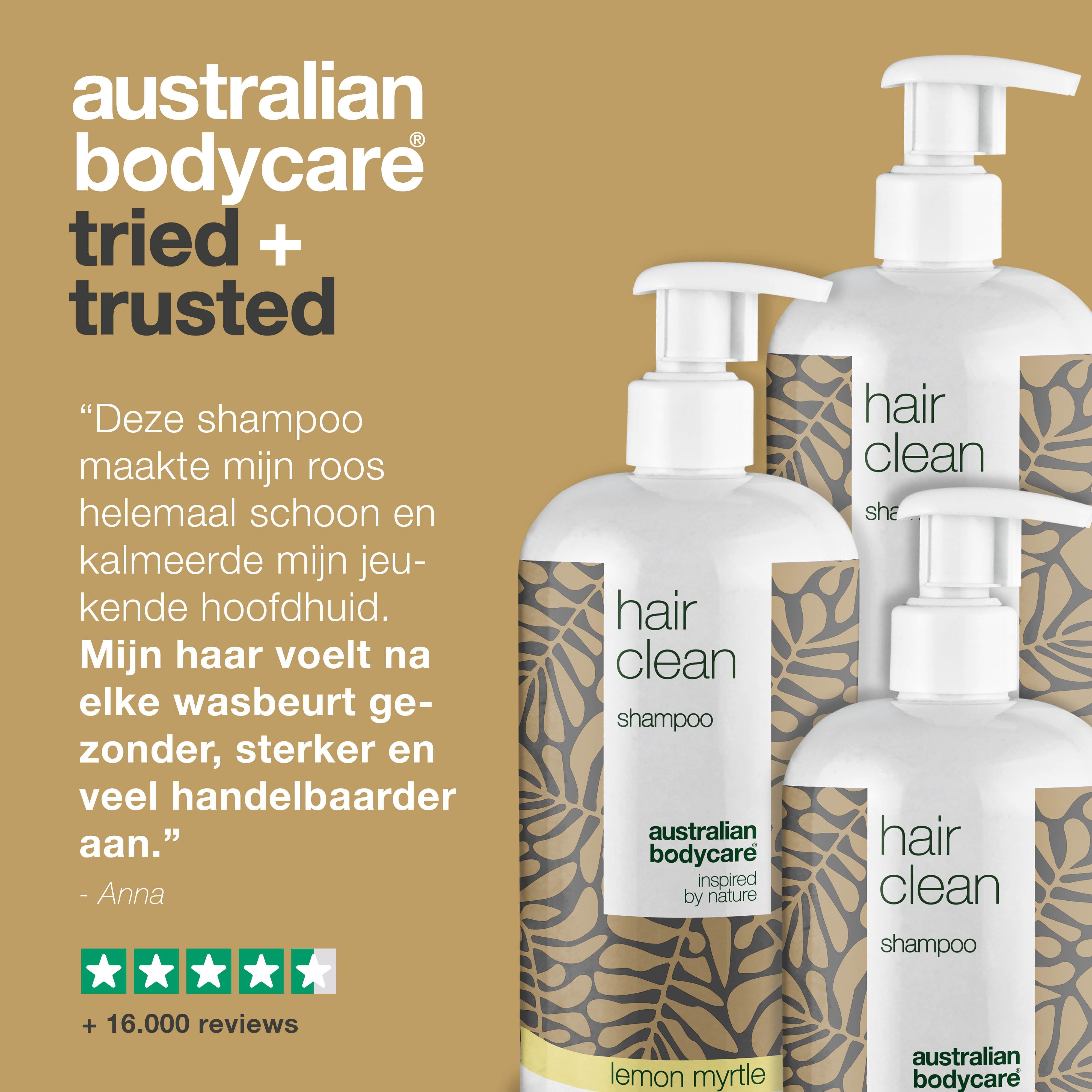 Australian Bodycare. Vertrouwd. Drie shampoo flessen. Citaat over hoofdhuid, glans. 5 sterren beoordeling.