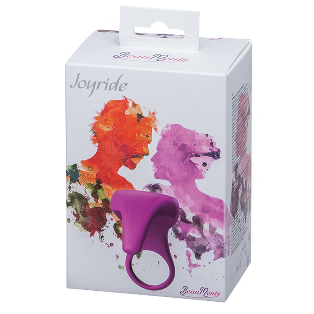 Anneau violet avec embout en forme de T. Emballage avec le nom du produit Joyride et le logo BeauMents. Illustration de deux personnes.
