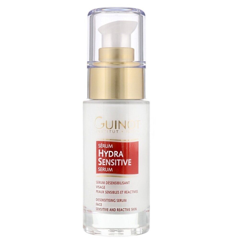 Wit serum met gouden sluiting en transparante dop. Rode sticker met tekst: Hydra Sensitive Serum. Guinot-logo.