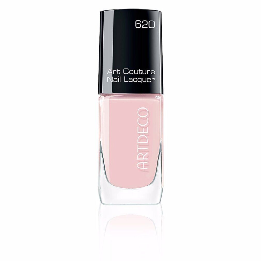 Artdeco Art Couture Nagellak, tint 620, roze. Vierkante glazen fles met zwarte dop, reflectie.