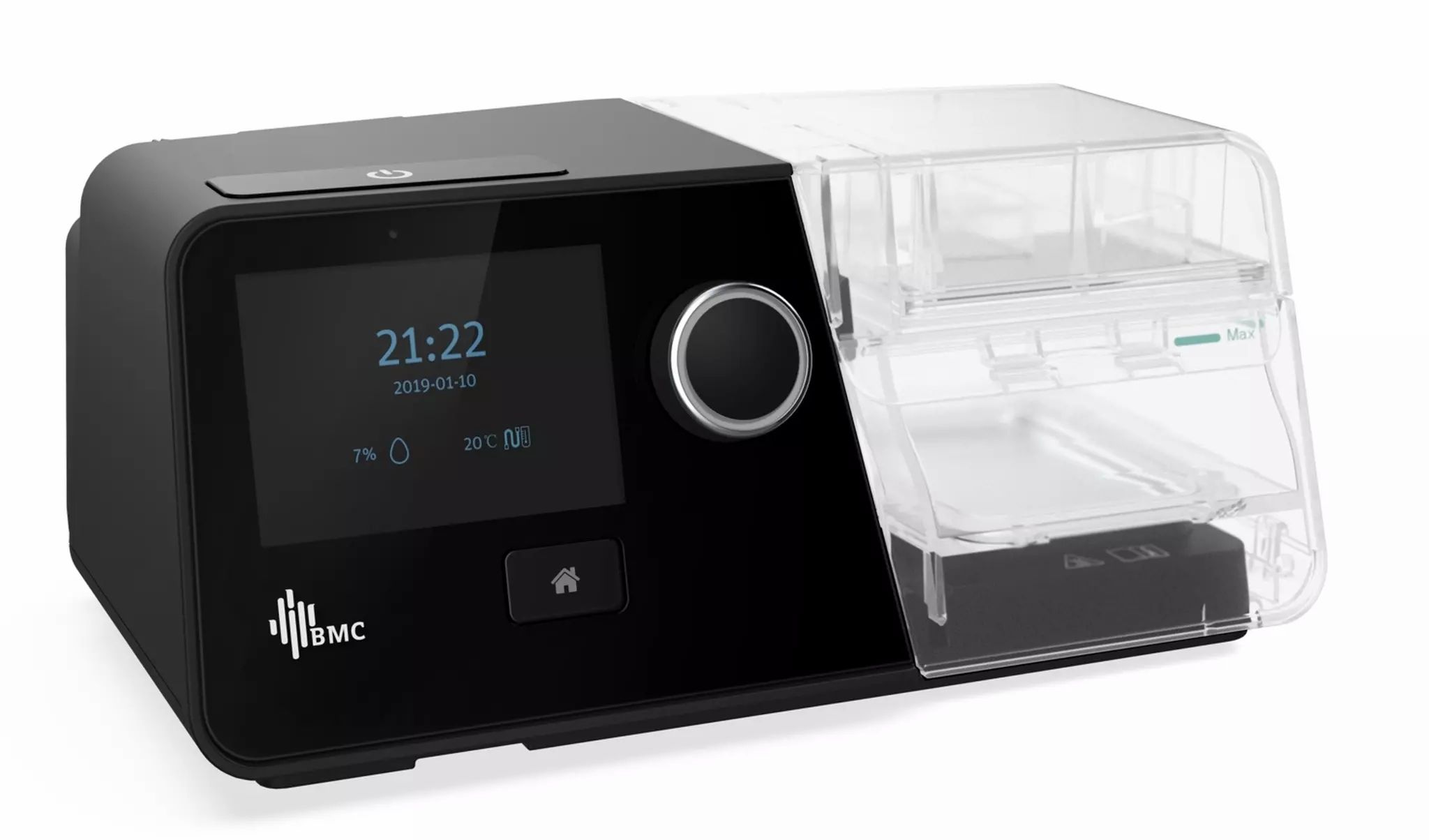 Zwart BMC G3 A20 Auto-CPAP-apparaat met display, draaiknop en waterreservoir. Toont tijd en datum. BMC-logo.