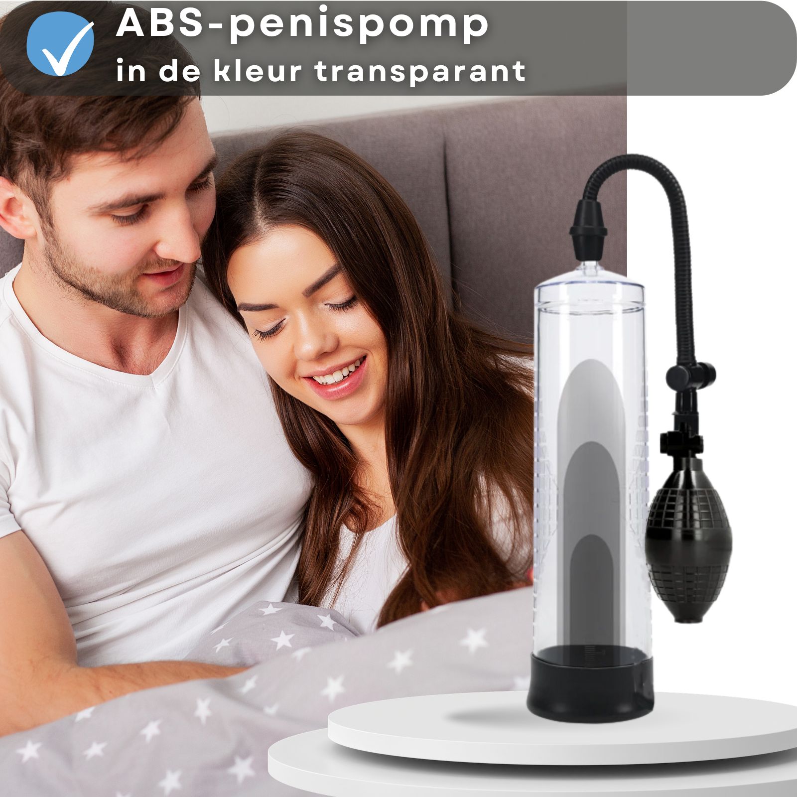 Penis pomp met pompbal, transparant. Tekst: 20 cm rechtop, erectie hulp.