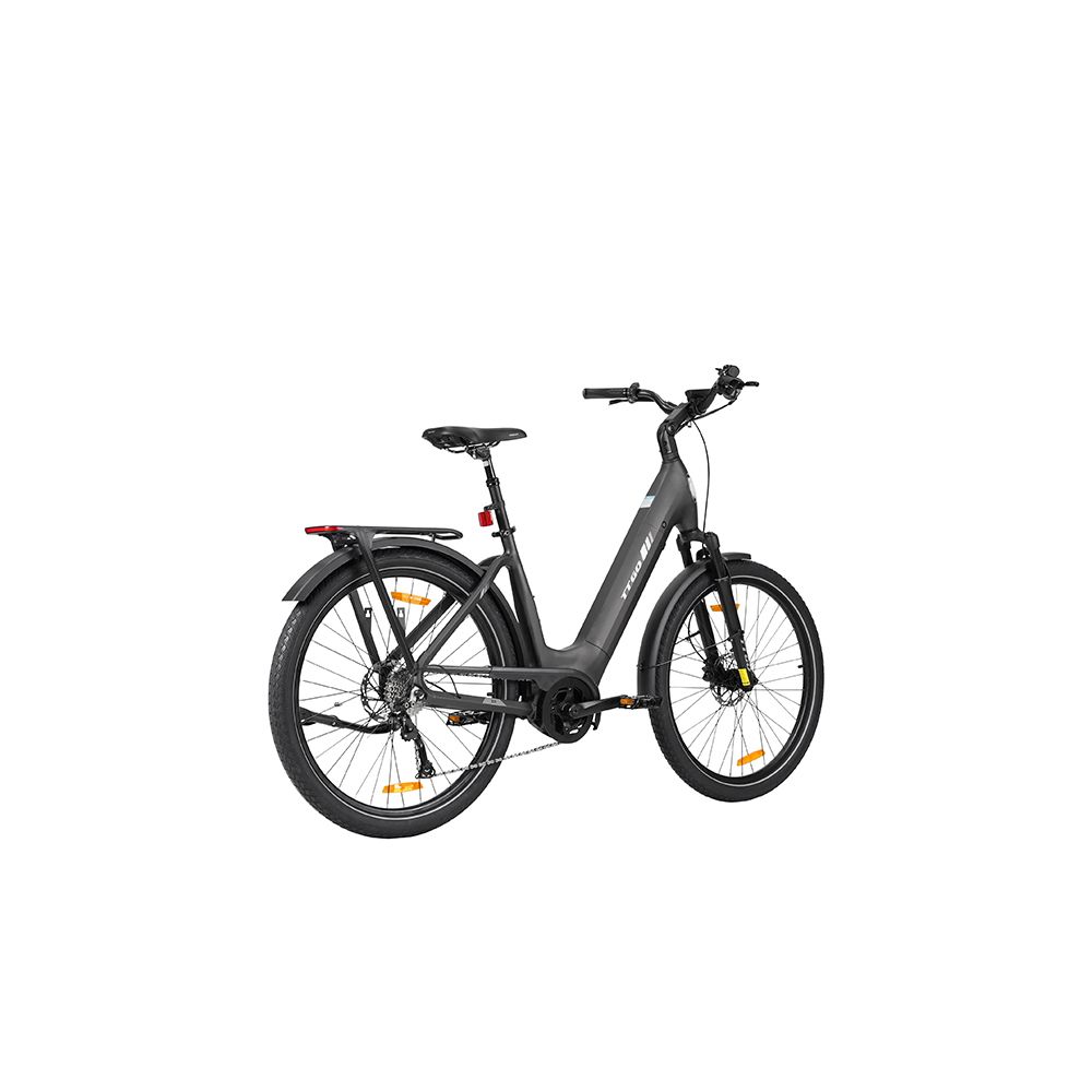 Vélo électrique gris avec pneus et garde-boue noirs. Porte-bagages arrière. Réflecteurs jaunes sur les roues.