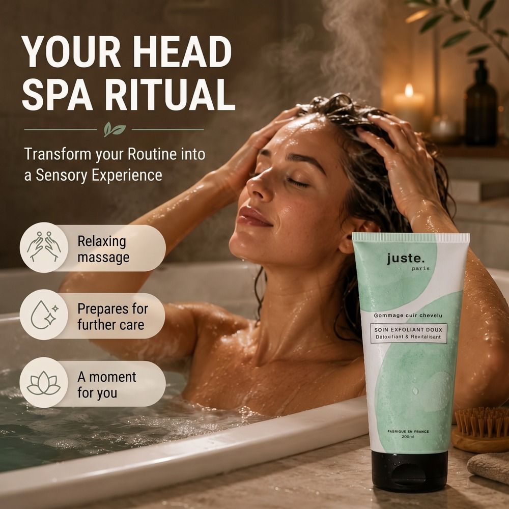 Een vrouw geniet van een ontspannend hoofdritueel met een tube 'juste. paris soin exfoliant doux'.