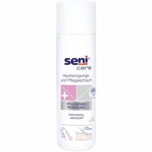 Mousse nettoyante et soignante pour la peau Seni Care avec panthénol et Sinodor dans un flacon pulvérisateur blanc.