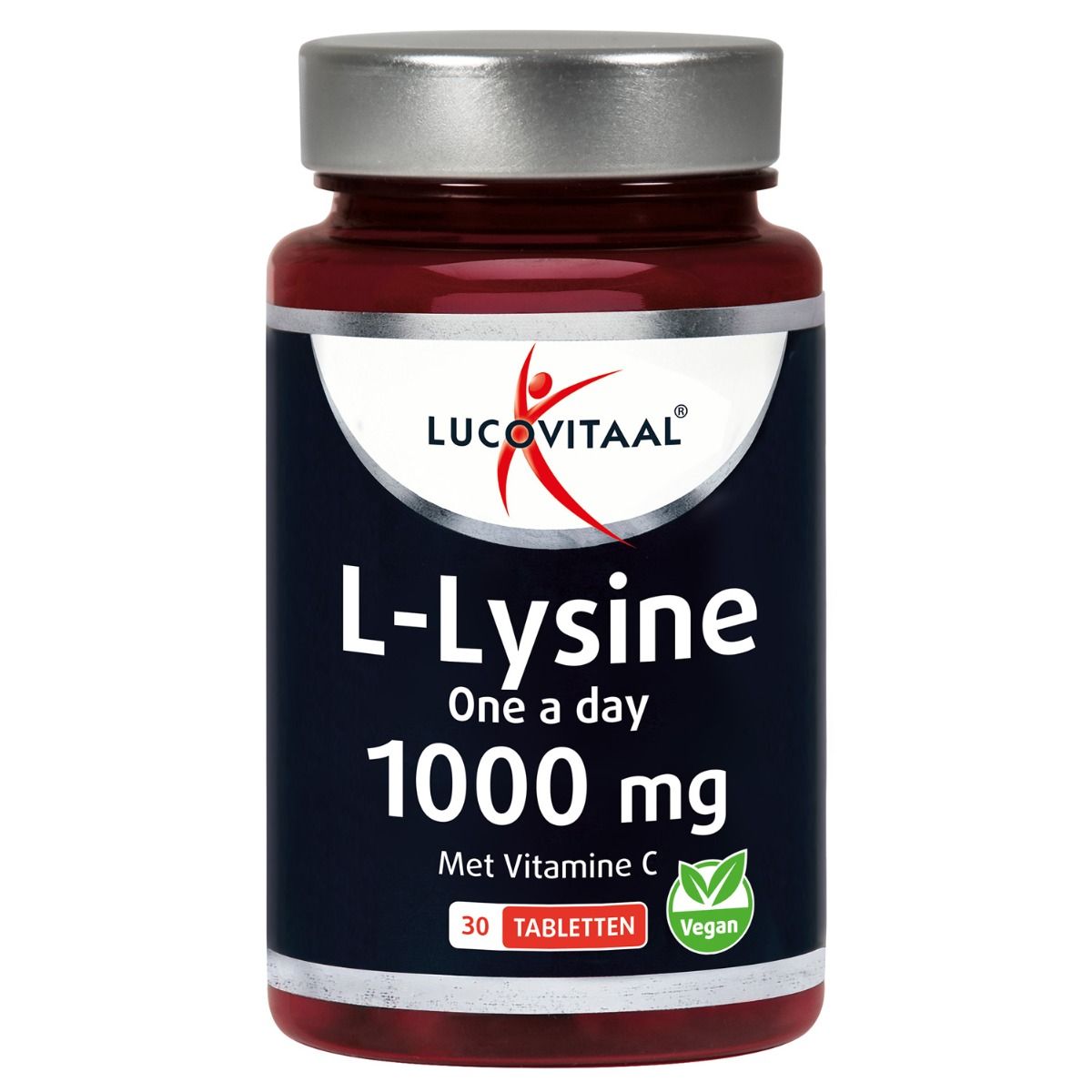 Donkerblauwe fles L-Lysine tabletten. Opschrift: L-Lysine, 1000 mg, Met Vitamine C, 30 tabletten, Vegan. Merk: Lucovitaal.