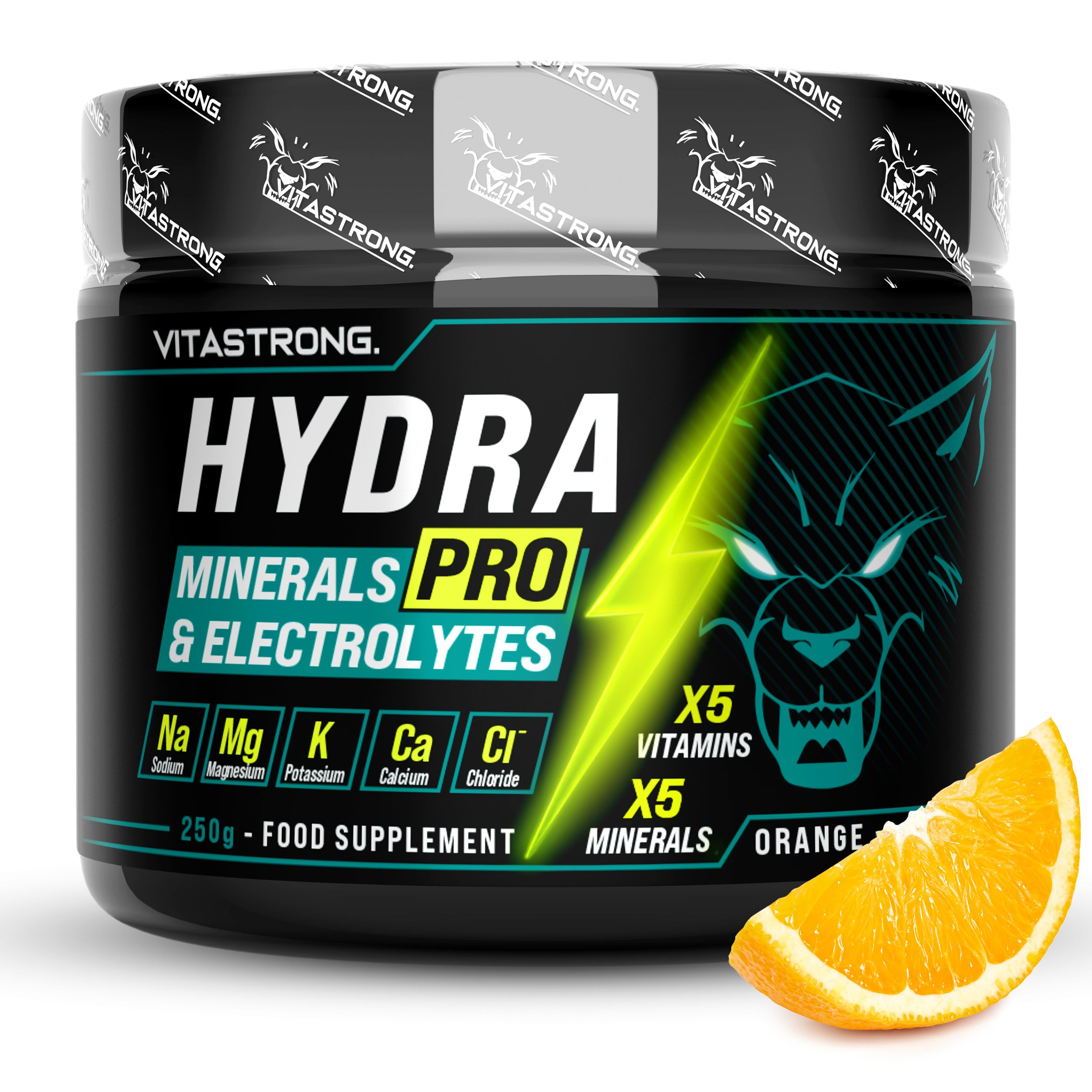 Zwarte pot "HYDRA PRO" met ingrediënten. Sinaasappelsmaak. 250g. Vitastrong.