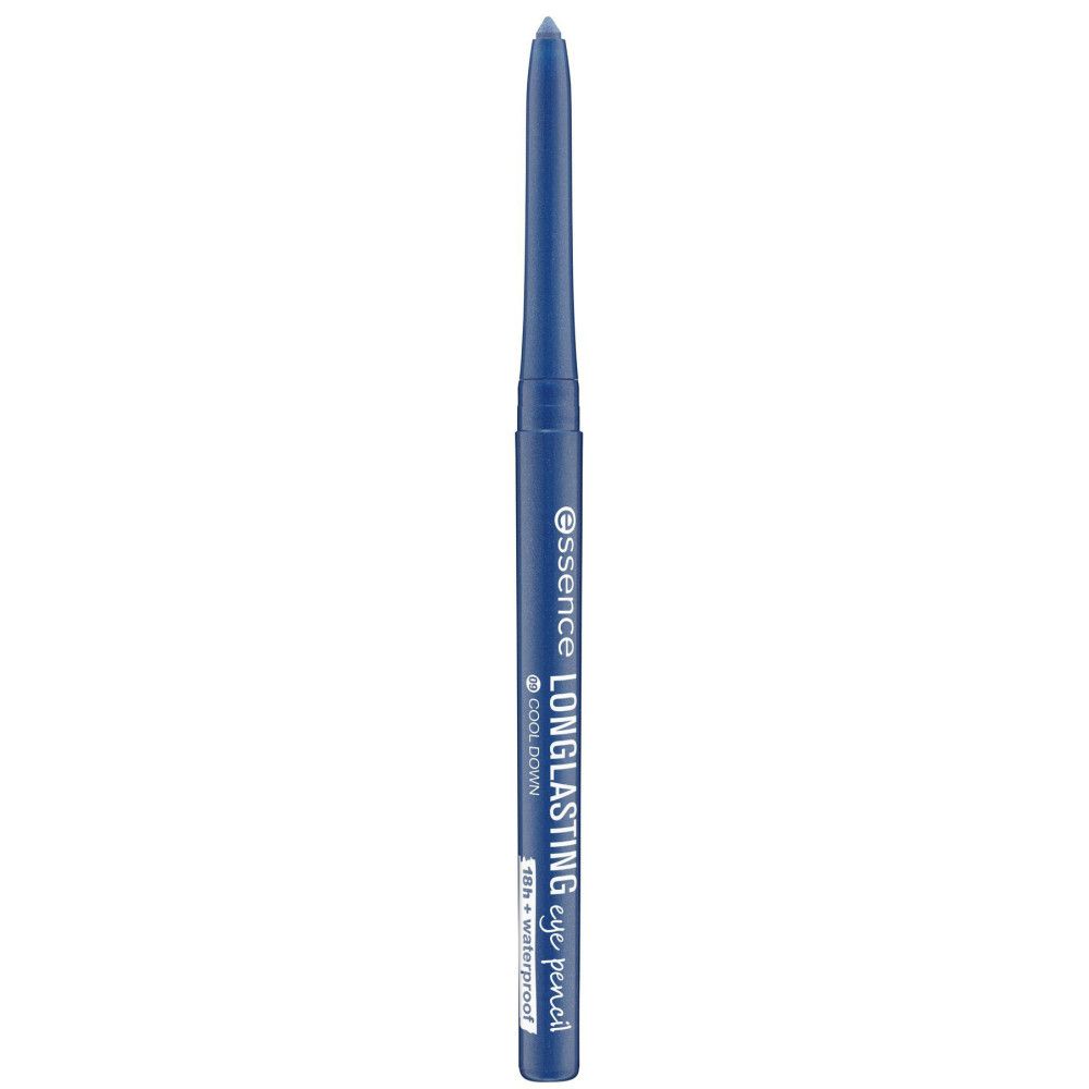 Crayon pour les yeux bleu. Inscription : Essence, Longlasting eye pencil, 2-en-1 waterproof. Vue du produit.