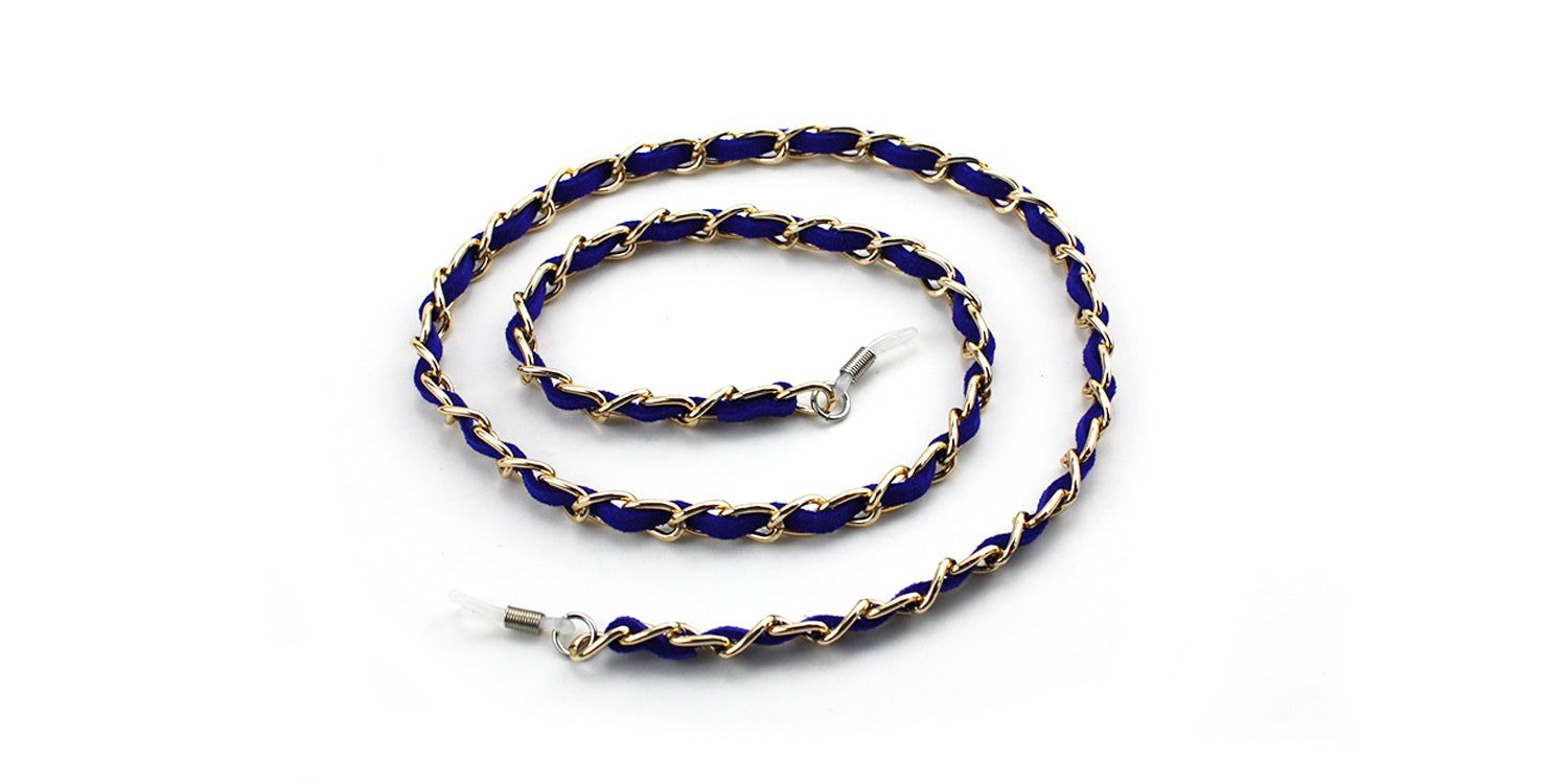 Cordon de lunettes bleu avec chaîne dorée. Extrémités avec boucles pour attacher aux branches de lunettes.