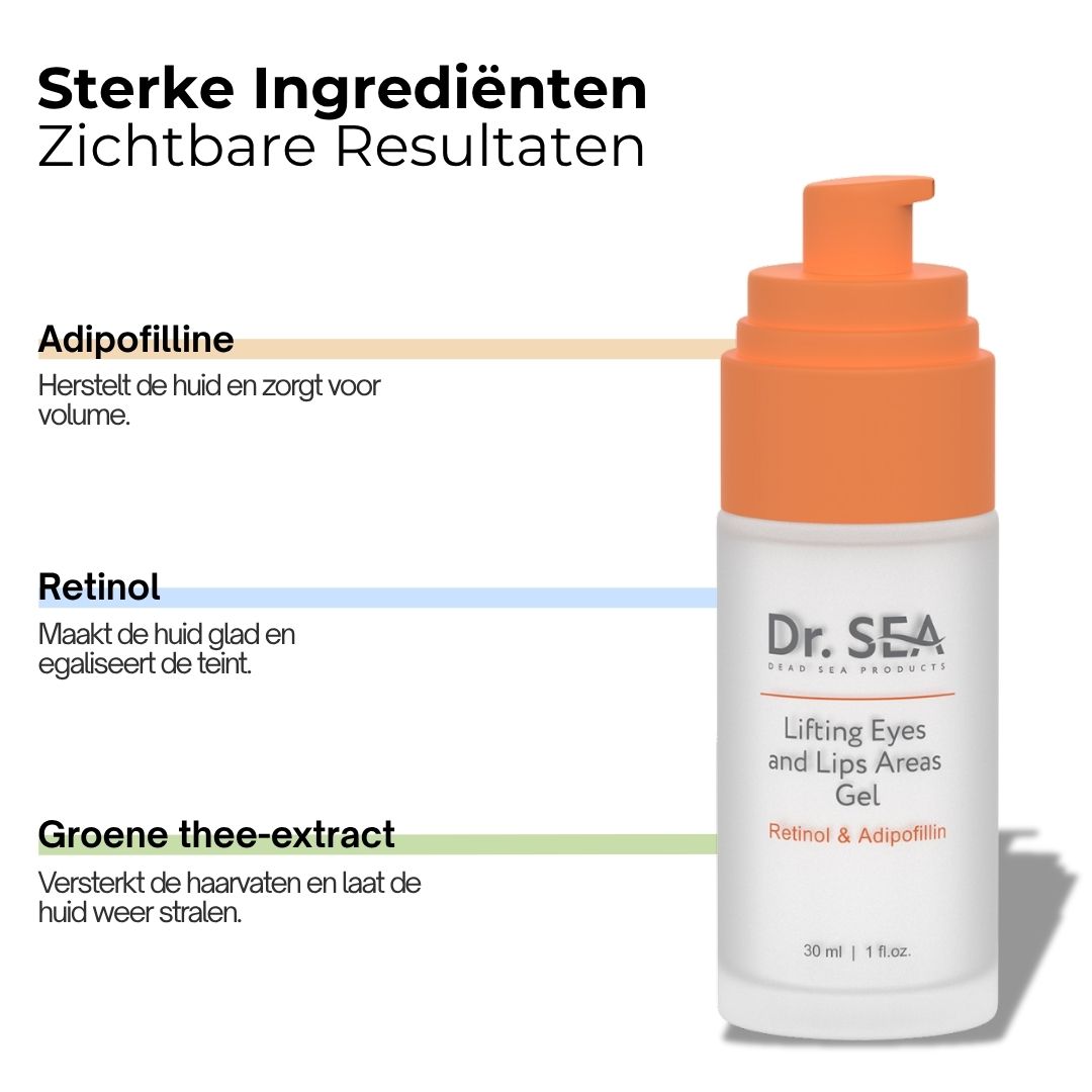 Gelfles met oranje pomp. Tekst: Dr. SEA, Lifting Eyes and Lips Areas Gel. Actieve ingrediënten: Adipofilline, Retinol, Groene thee-extract.