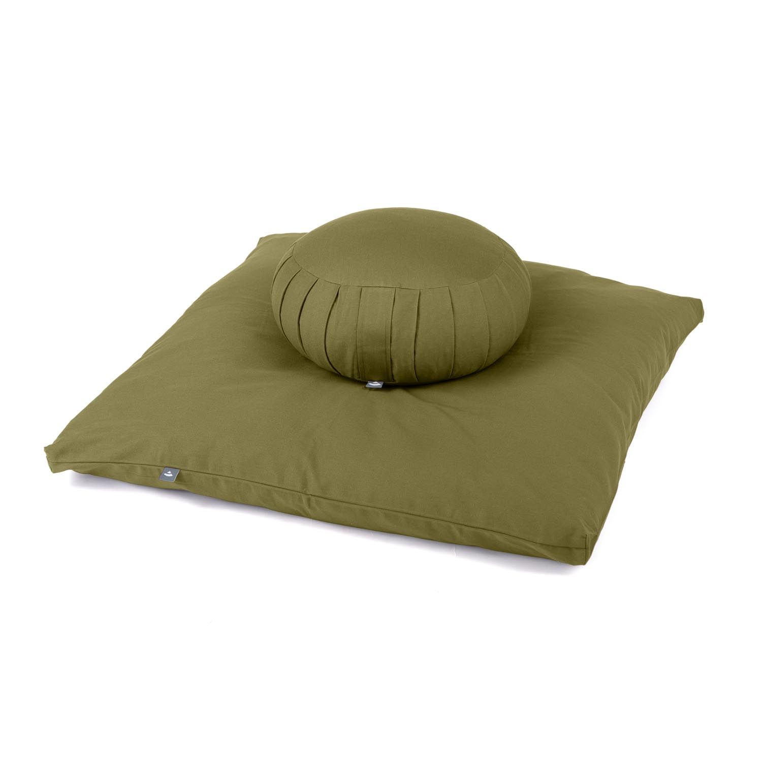Ensemble de méditation vert olive. Coussin Zafu rond sur Zabuton carré. Housse en tissu. Étiquette.
