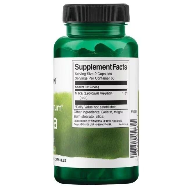 Achterkant van de groene fles. Etiket met voedingswaarde-informatie, Swanson-logo en ingrediënten: Maca.