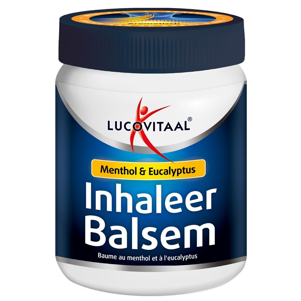 Witte pot met blauwe deksel. Opschrift: Lucovitaal, Inhaleer Balsem, Menthol & Eucalyptus. Rood logo.