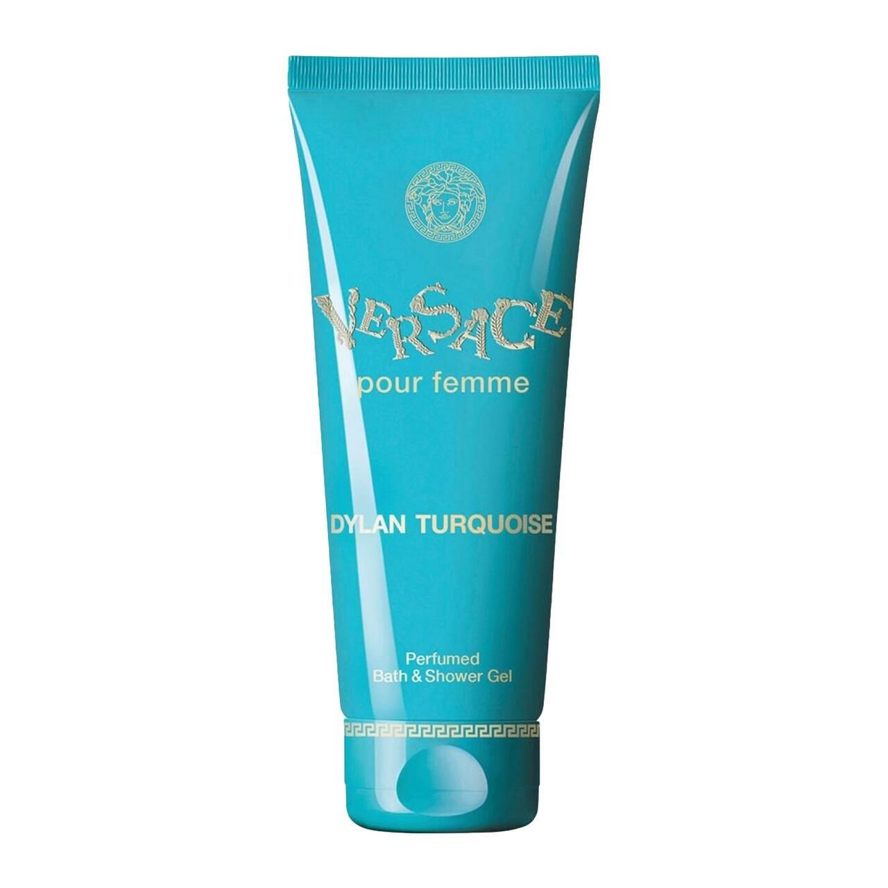 Tube turquoise. Inscription: Versace pour femme, Dylan Turquoise. Gel douche. Écriture dorée.