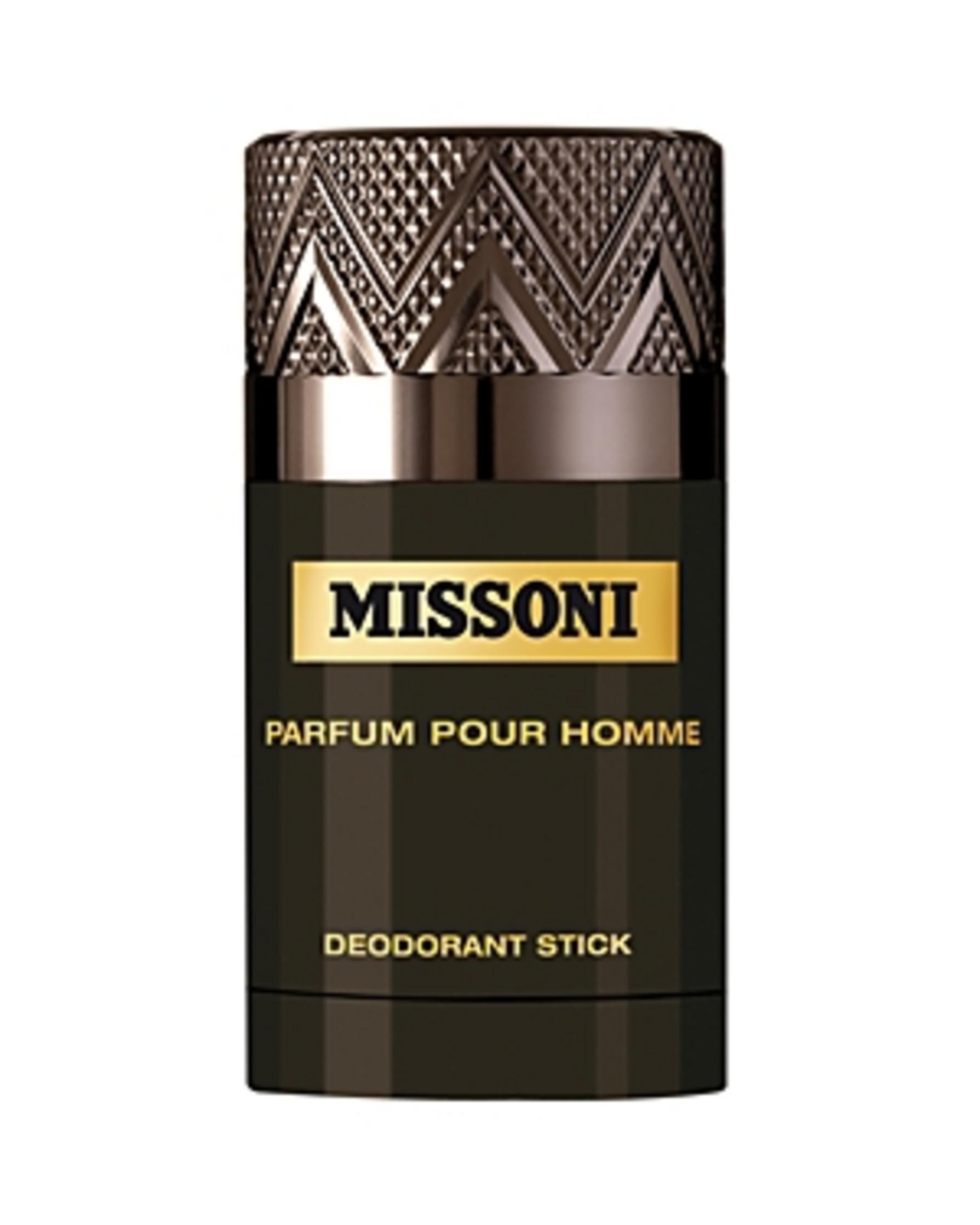Missoni Deodorant Stick voor heren. Zwarte houder met goudkleurig etiket en gestructureerd deksel.
