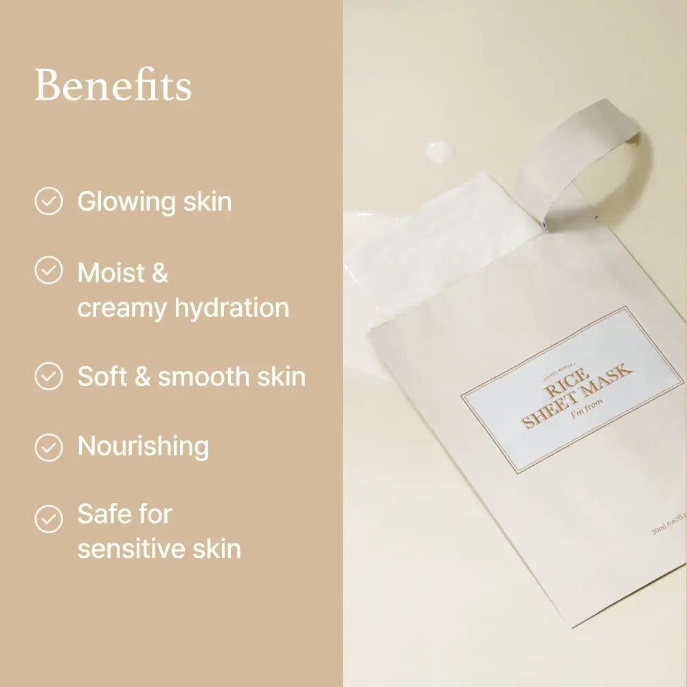 Sachet de masque en tissu au riz et texte. Avantages : peau éclatante, hydratation, peau douce, nourrissante, pour peaux sensibles.