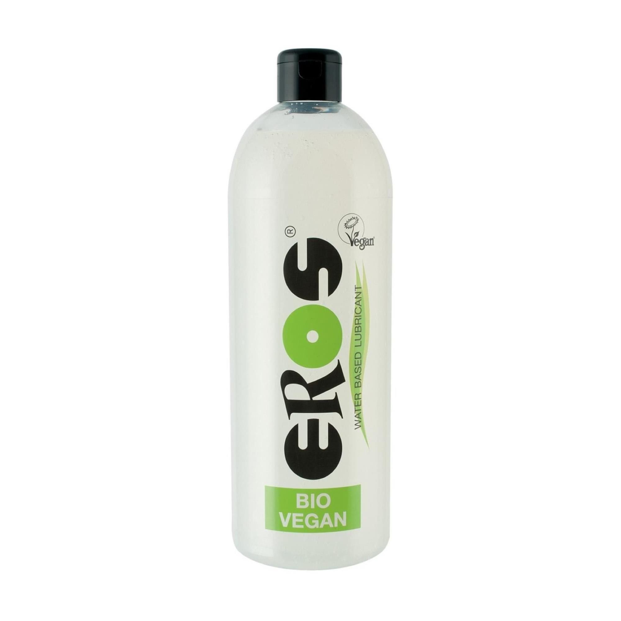 Eros glijmiddel: waterbasis, Bio & Vegan gecertificeerd. Transparante fles met zwarte dop.