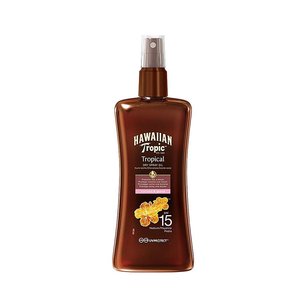 Flacon spray brun avec logo Hawaiian Tropic et SPF 15. Contient de l'huile sèche. Parfum tropical. Protection UV.
