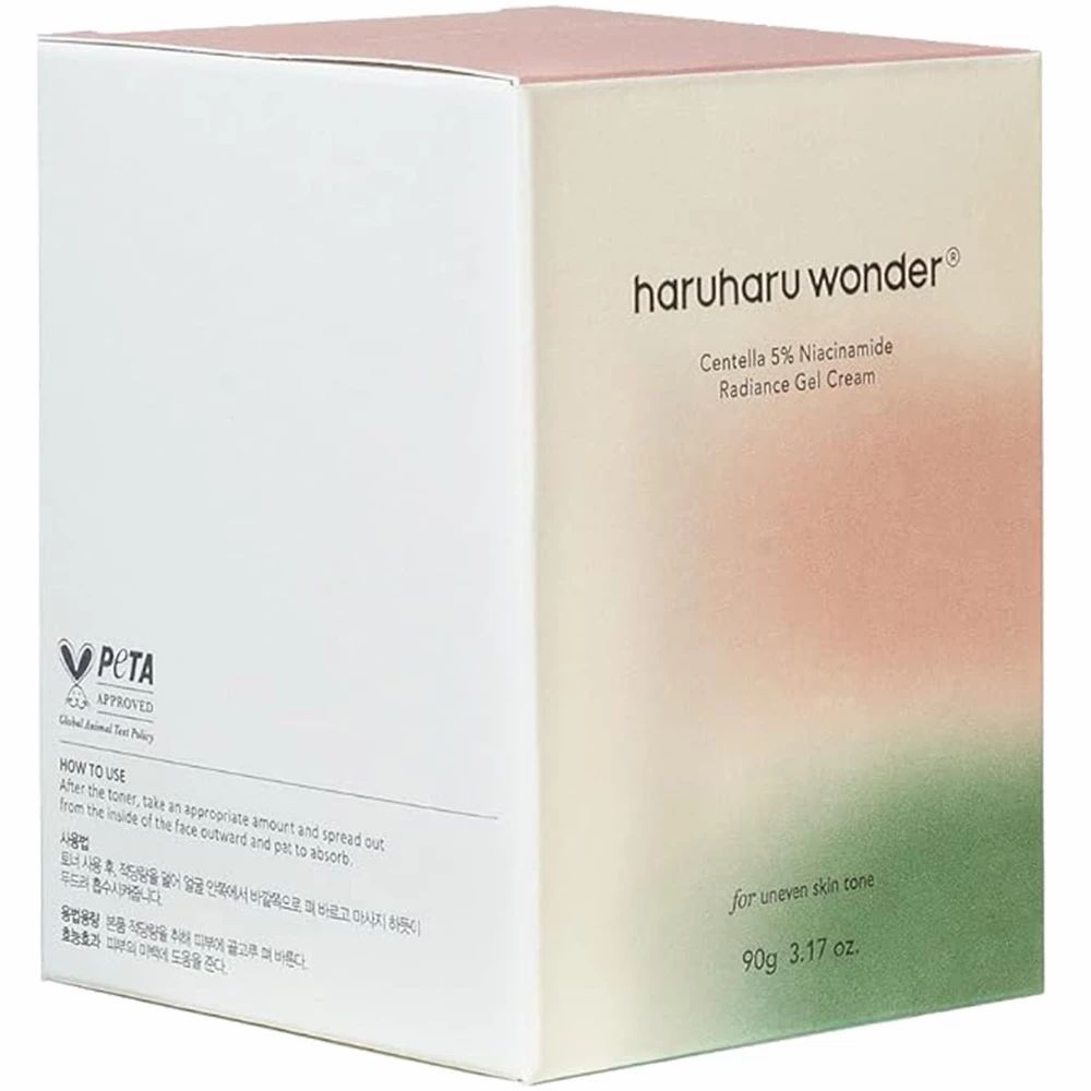 Boîte avec produit. Inscription : haruharu wonder, Centella 5% Niacinamide Radiance Gel Cream. Logo PETA. Mode d'emploi.