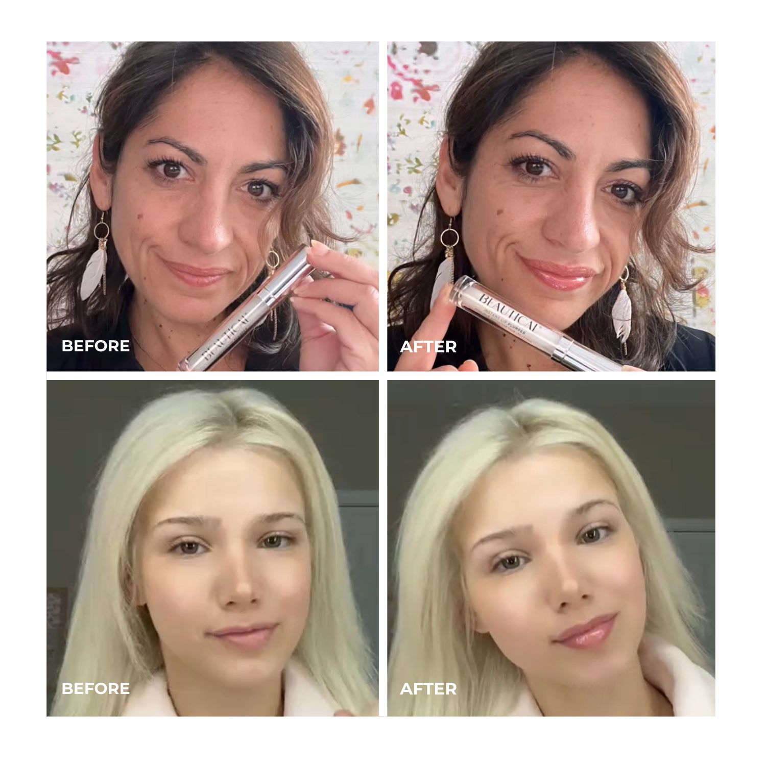 Comparaison avant-après. Deux femmes. BEAUTICAL Instant Lip Plumper. Applicateur de rouge à lèvres.