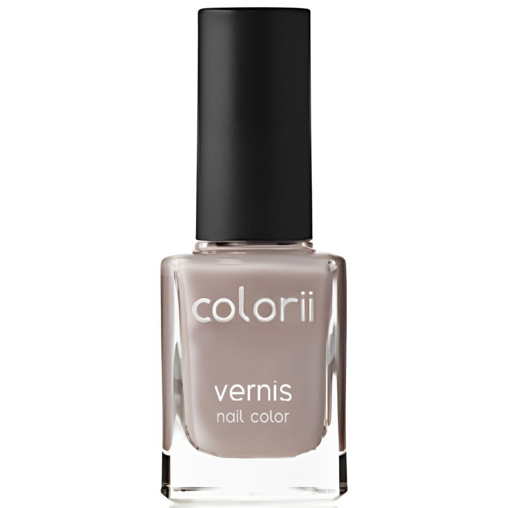 Flacon de vernis à ongles avec bouchon noir. Inscription : colorii, vernis, nail color. Couleur taupe.