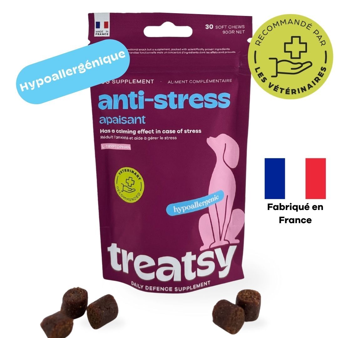Sachet de complément anti-stress pour chiens. Hypoallergénique. Recommandé par les vétérinaires, fabriqué en France.