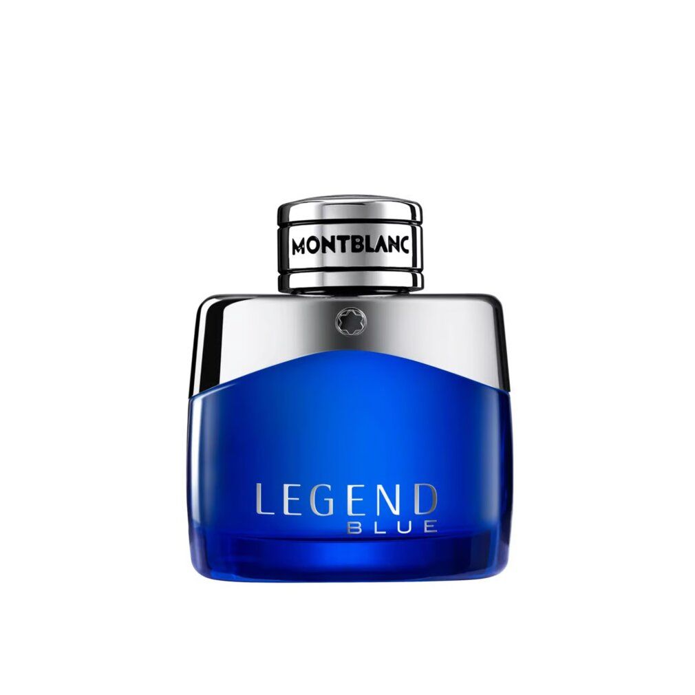 Blauwe fles met zilveren dop. Opschrift: LEGEND BLUE, MONTBLANC.