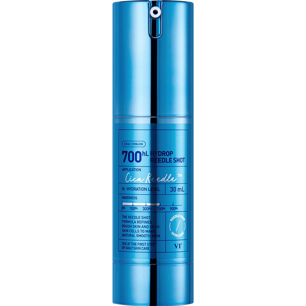Produit bleu, Hydrop Reedle Shot 700, avec texte. Volume: 30 ml. Marque: VT. Sceau de certification.