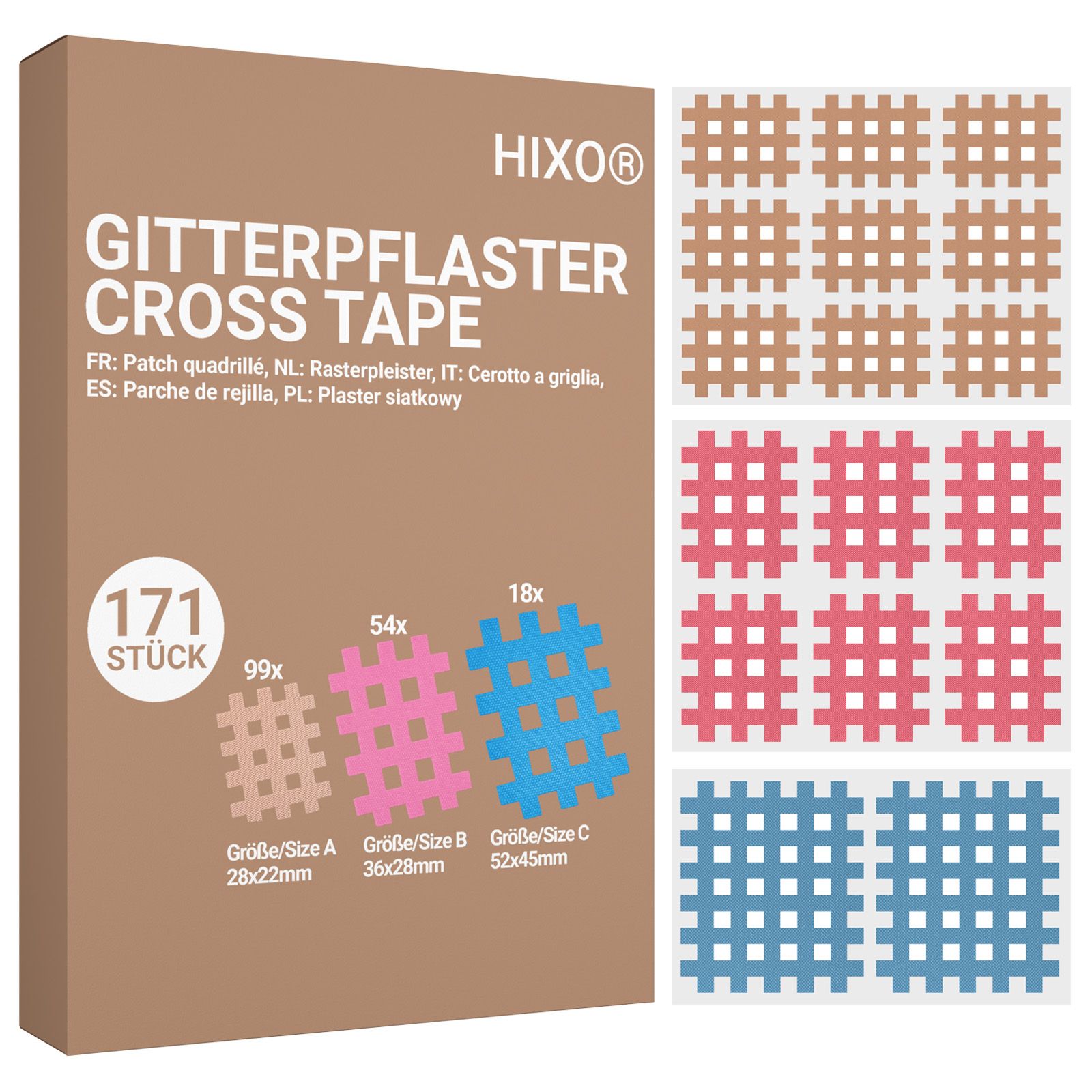 Lot de 171 patchs HIXO Cross Tape en trois tailles : 28x22mm, 36x28mm, 52x45mm.
