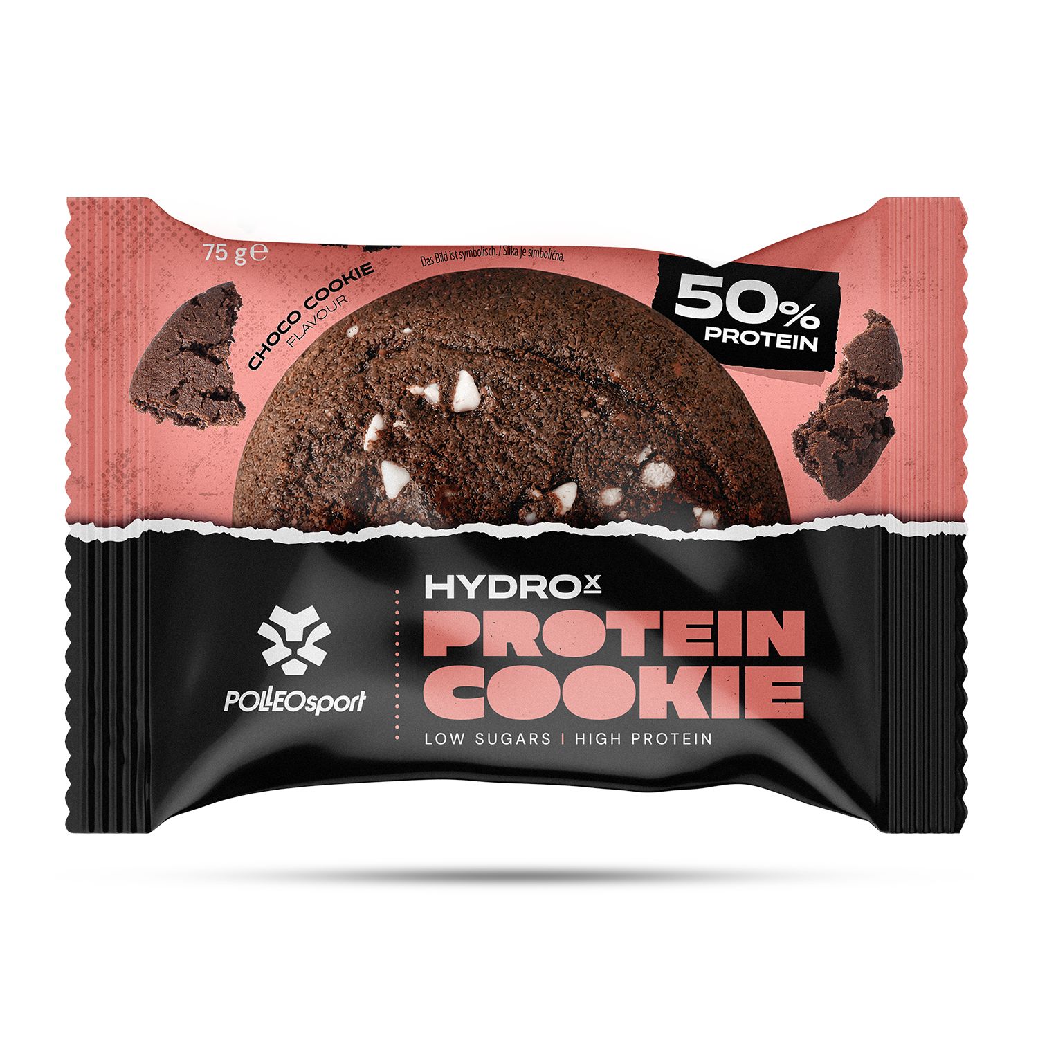 Cookie protéiné emballé. Emballage noir avec accents roses. Inscription : HYDROX PROTEIN COOKIE, 50% de protéines, faible teneur en sucre, riche en protéines.