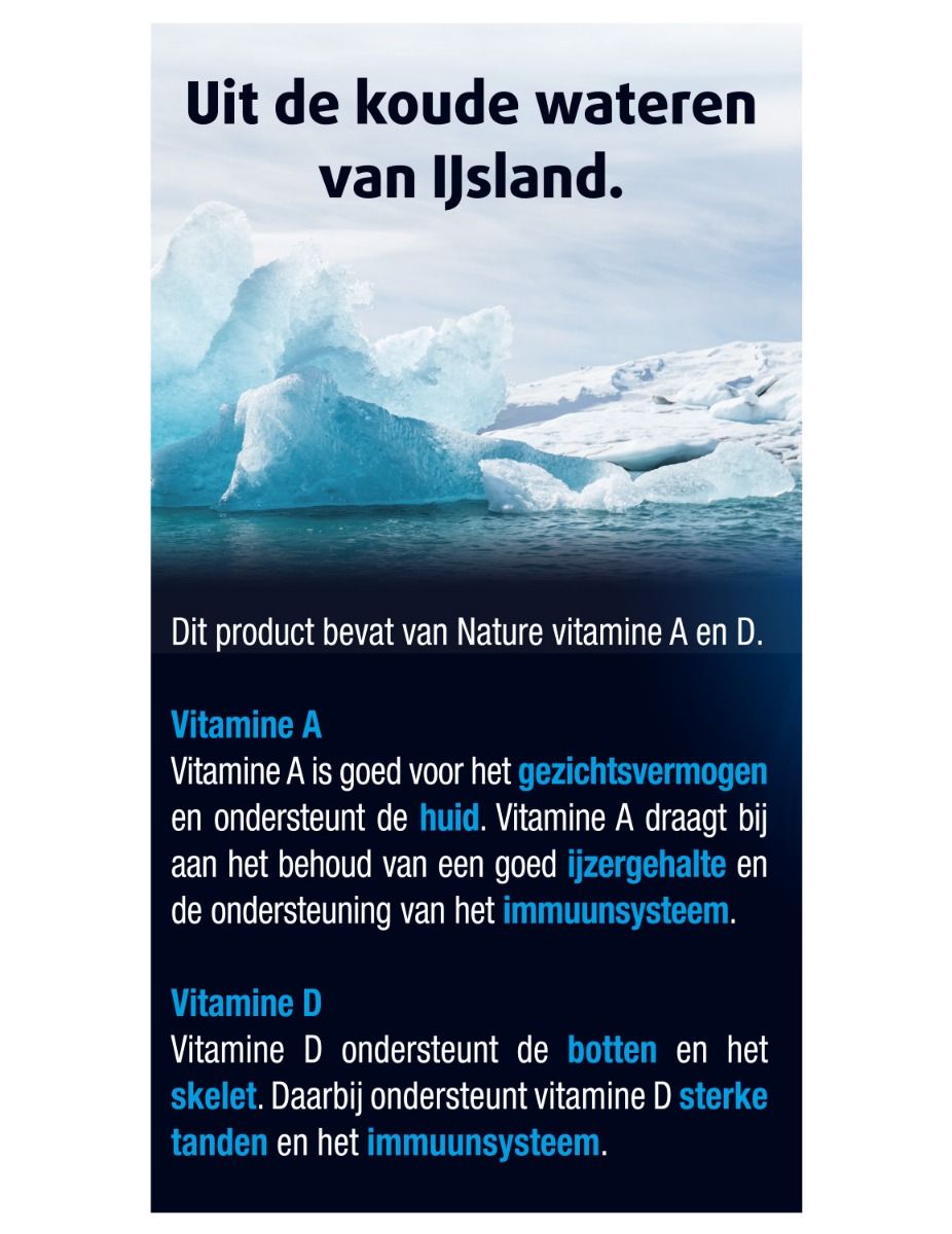 Tekst over de voordelen van vitamine A en D. Achtergrond: ijsbergen. Tekst in het Nederlands.