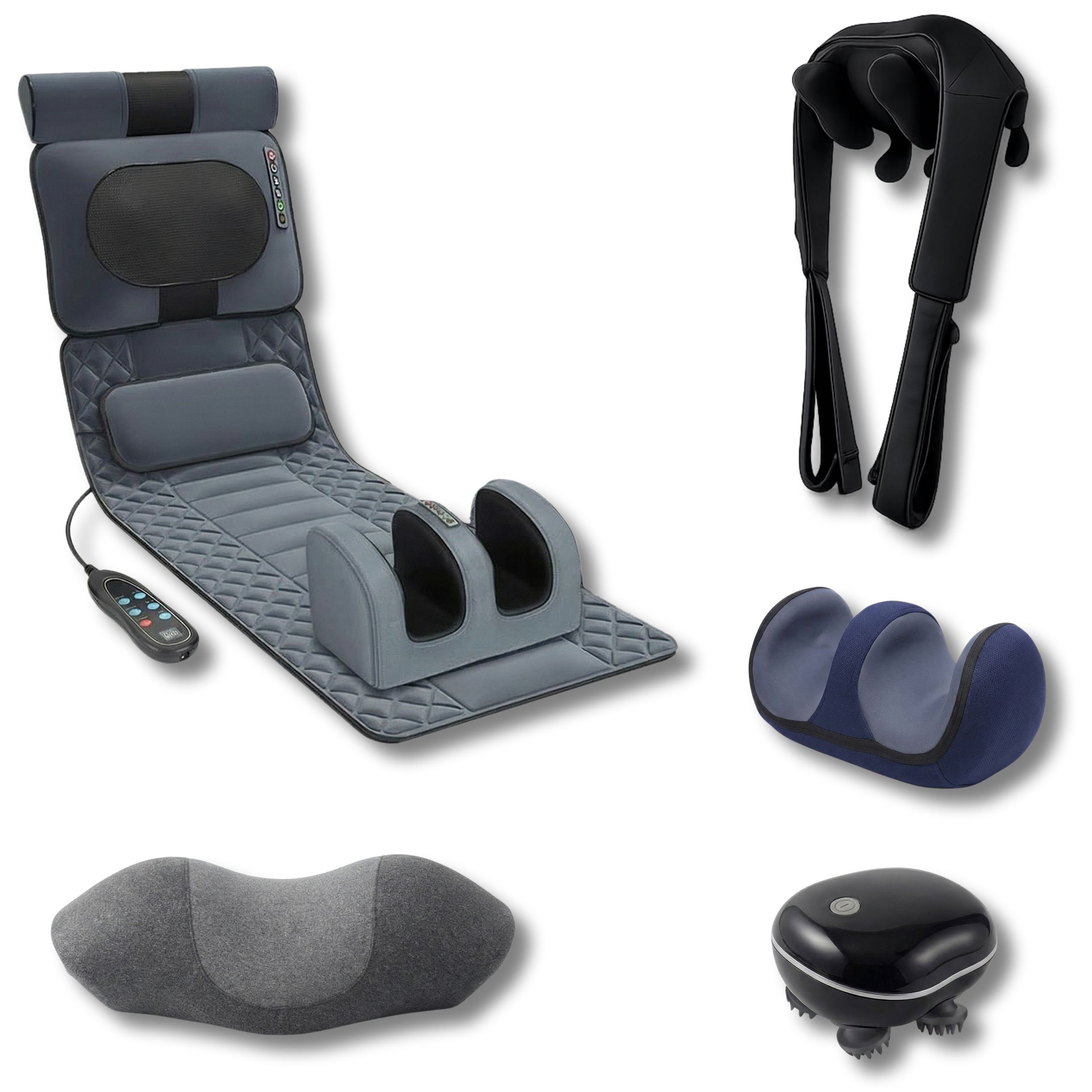 Tapis de massage gris, masseur de cou, masseur de pieds, coussin cervical et masseur 3D. Différentes formes et tailles.