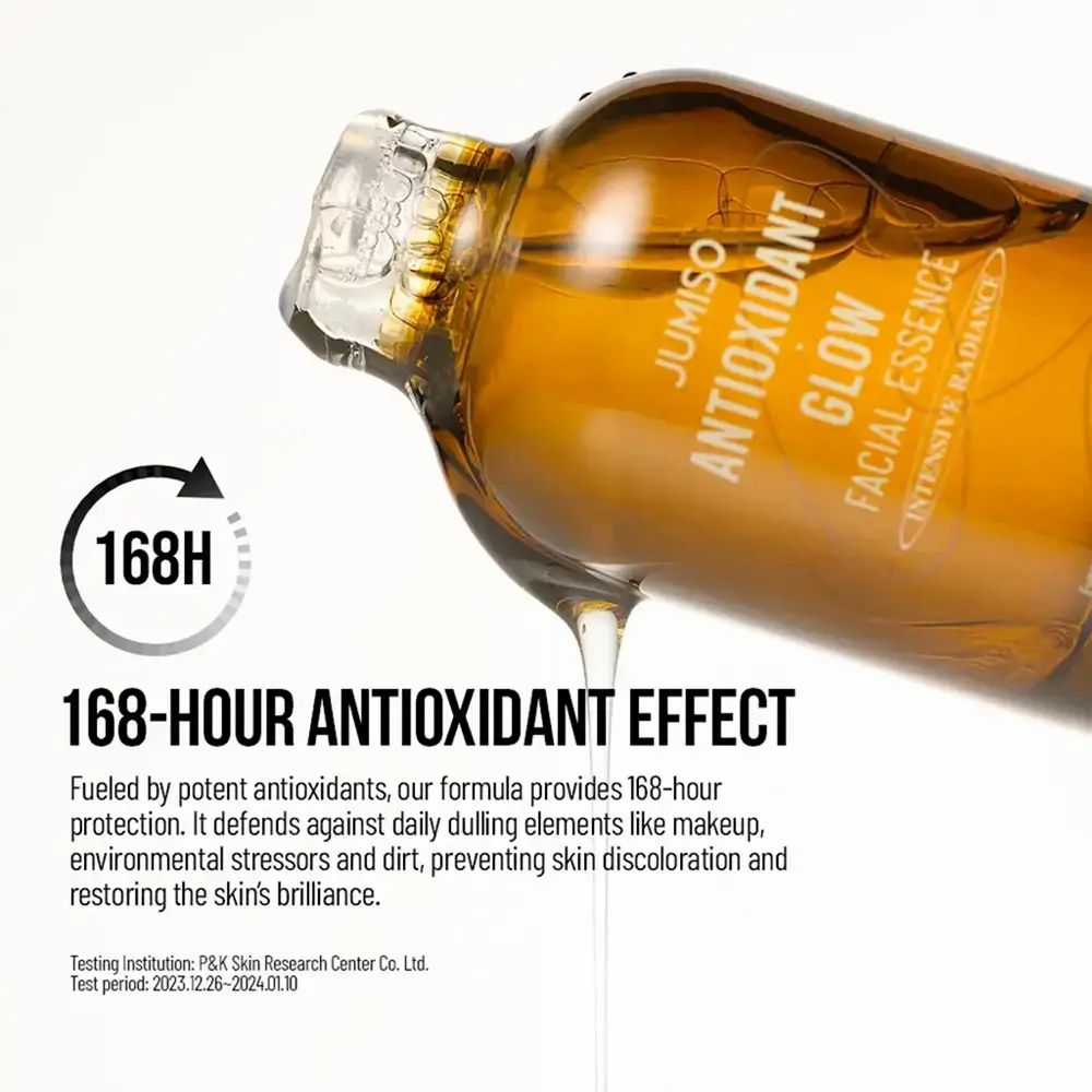 Bruine glazen fles met zwarte dop en pipet. Opschrift: JUMISO ANTIOXIDANT GLOW FACIAL ESSENCE. 168-uurs effect.