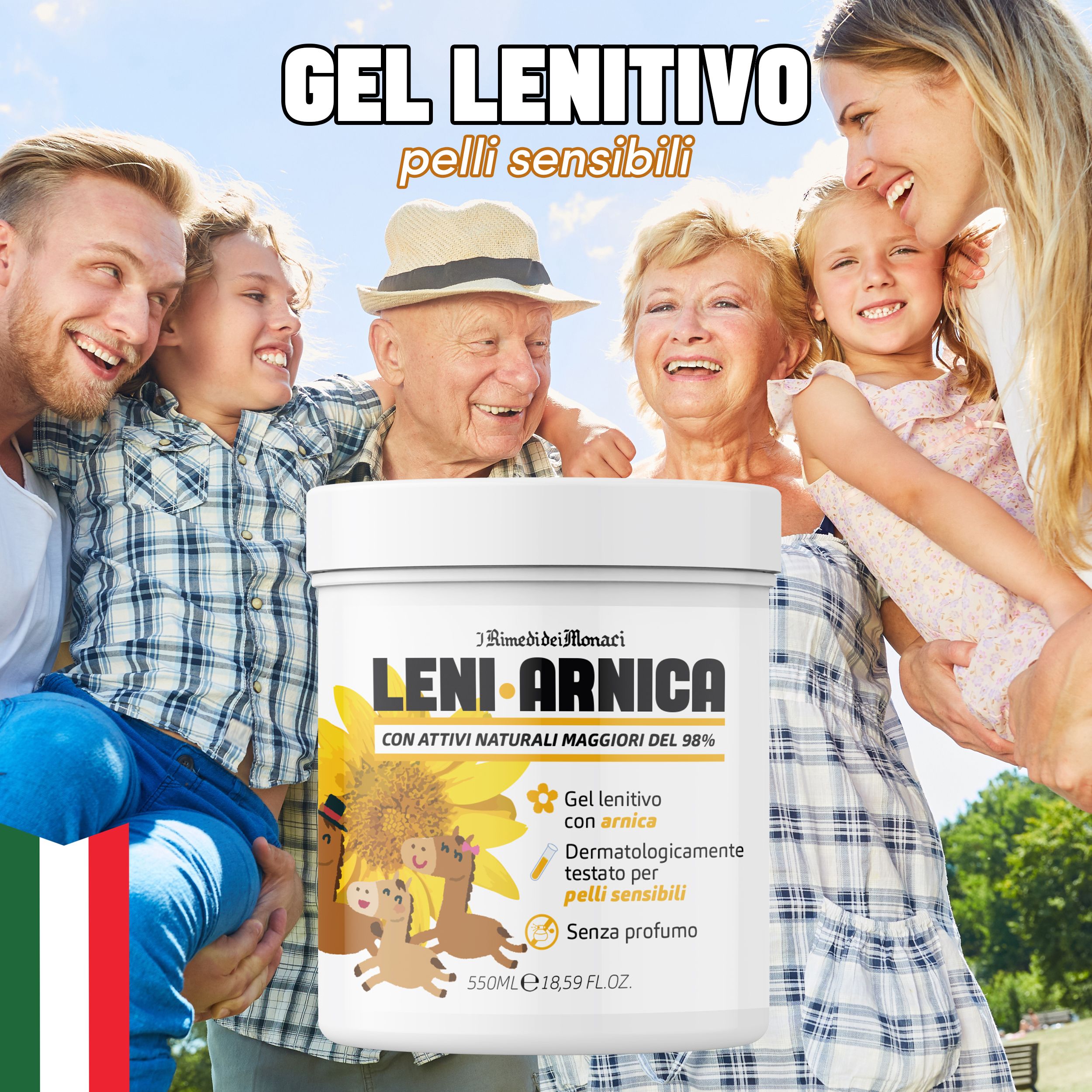 Lachende familie voor een witte pot met tekst. Gel Arnica Lenitivo, dermatologisch getest, zonder parfum. Met logo.