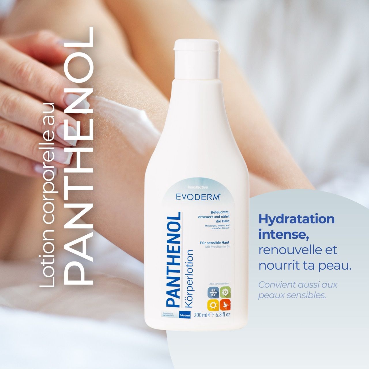 EVODERM Panthenol Lotion corporelle. Flacon blanc. Texte : Panthenol Lotion corporelle. Pour peaux sensibles. 200 ml.