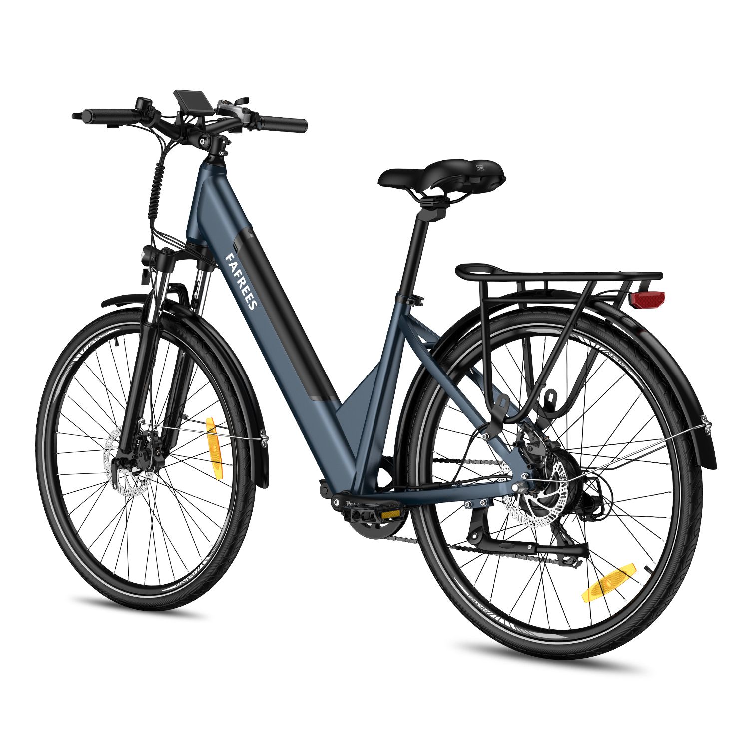 Vélo électrique bleu avec porte-bagages. Marque FAFREES. Pneus et garde-boue noirs. Réflecteurs jaunes.