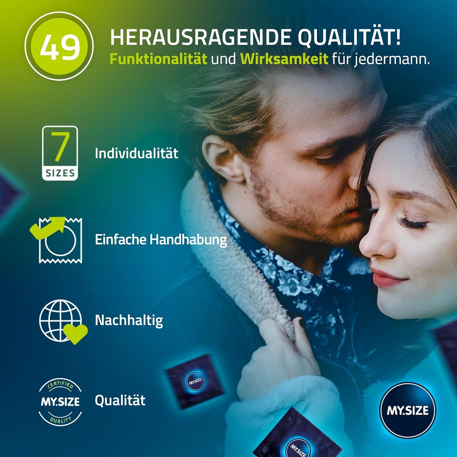Publicité avec un couple. Préservatifs MY.SIZE. Inscriptions: 7 tailles, Individualité, Facile à utiliser, Durable, Qualité. Logo MY.SIZE.
