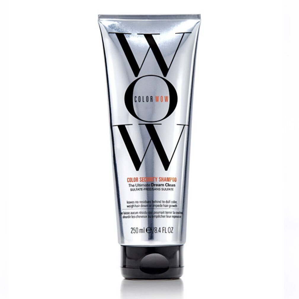 Zilveren tube met zwarte dop. Opschrift "WOW" en "COLOR WOW". Productnaam "Color Security Shampoo".