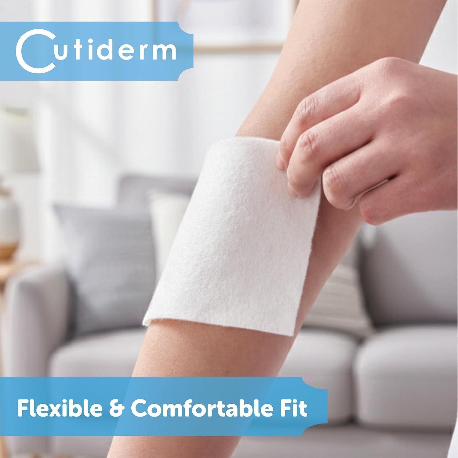 Cutiderm wondkompres wordt op een onderarm aangebracht. Flexibel en comfortabel.