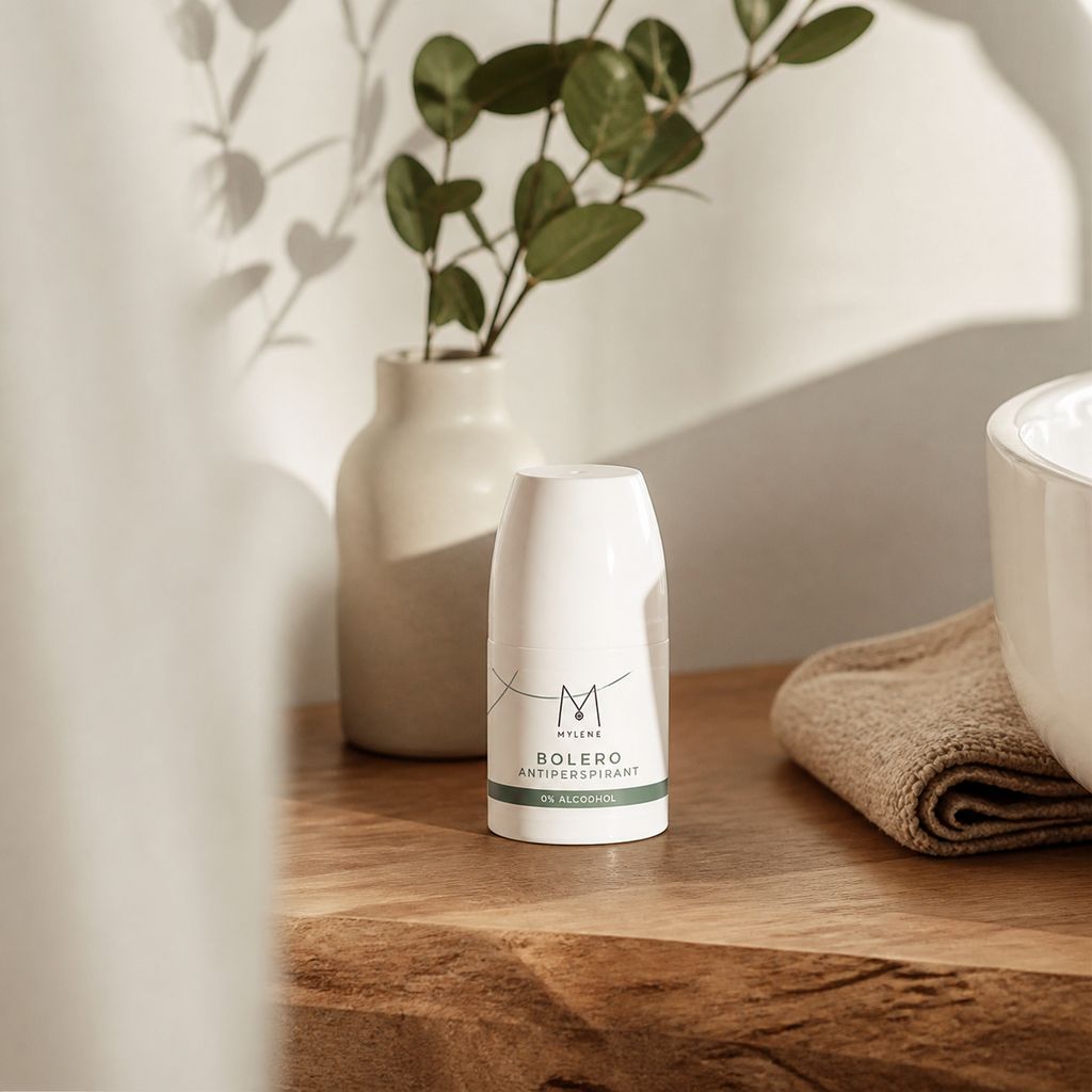 Mylène Bolero Deo Roller Antiperspirant, 0% Alcool, sur une étagère en bois à côté d'une vase.