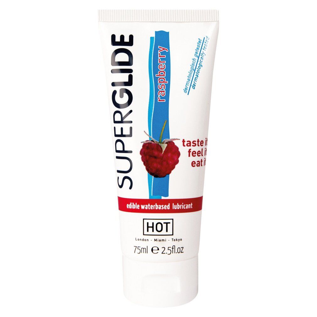 Lubrifiant HOT Superglide Framboise, tube 75ml. À base d'eau et comestible.