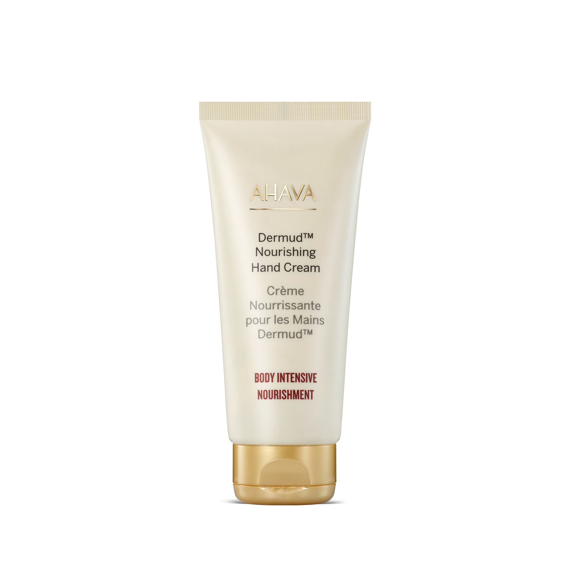 Tube de Crème pour les Mains Nourrissante AHAVA Dermud. Bouchon doré. Texte : Nourishing Hand Cream.