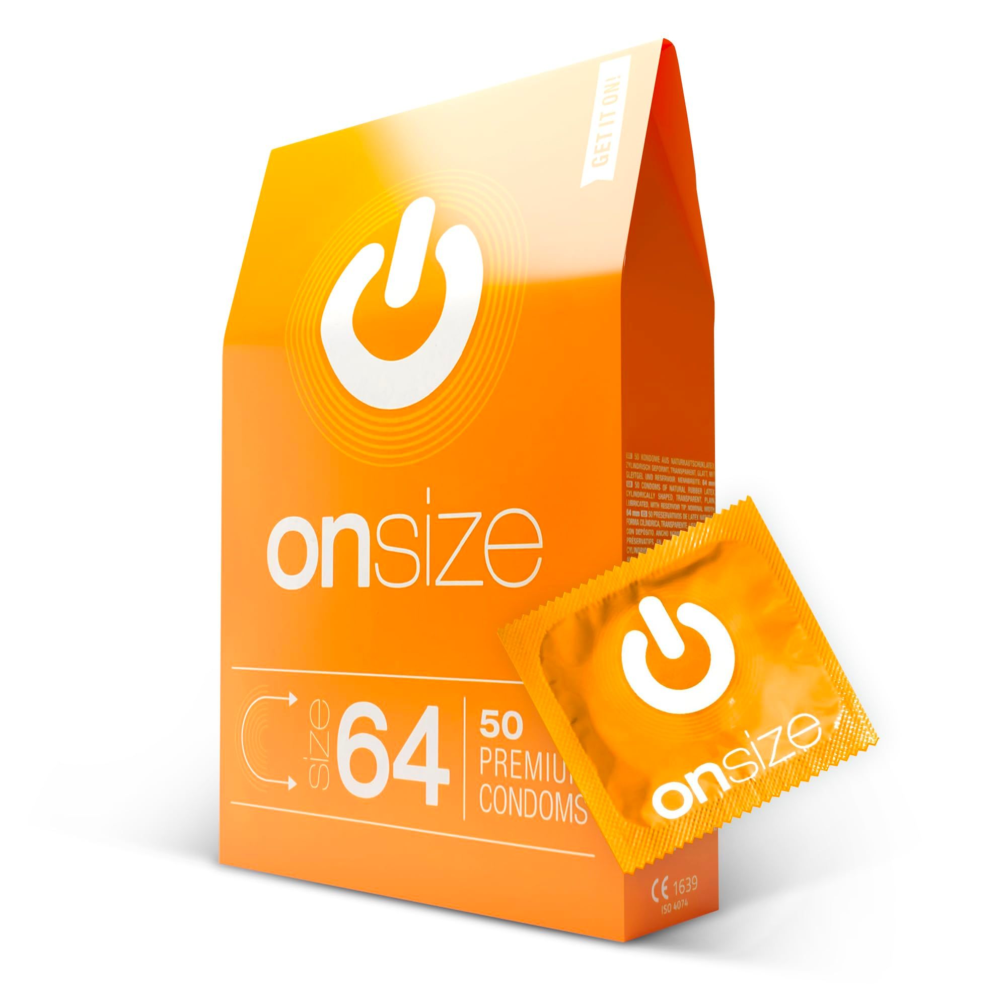 Boîte orange ONsize préservatifs 64mm, 50 pièces. Emballage individuel à côté.