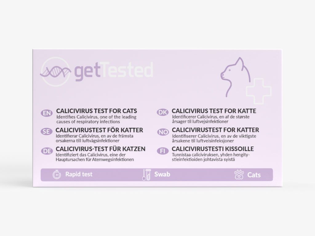 Emballage violet clair avec texte. Contient des informations sur un test Calicivirus pour chats en plusieurs langues.