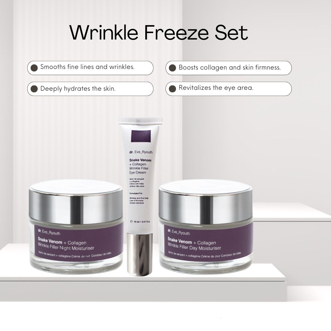 Set van drie cosmetische producten. Dag- en nachtcrème in potten, oogcrème in tube. Paarse etiketten, zilveren deksels. Merk: Dr. Eve_Ryouth.