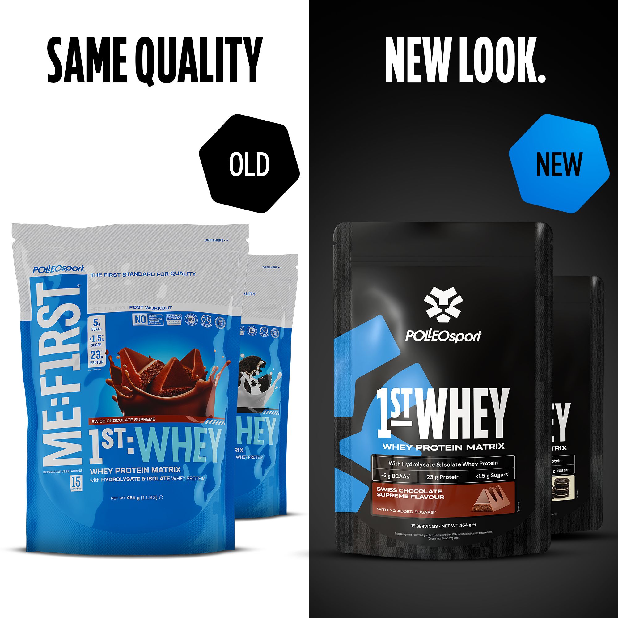 Vergelijking: oude en nieuwe verpakking van "1ST:WHEY". Links: blauwe zakken. Rechts: zwarte zakken. Merk: PolleoSport.